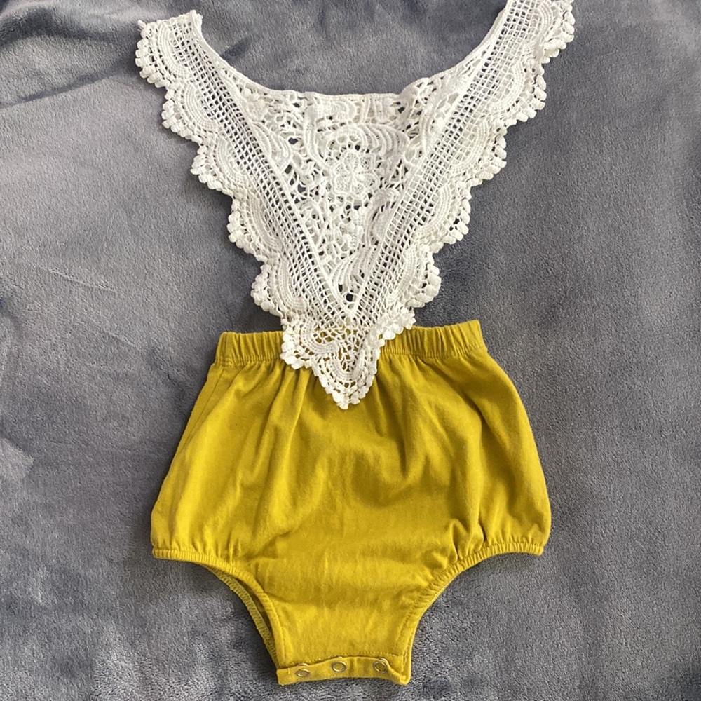 Bailey’s Blossom Lace Crochet Mustard Romper Medium 12 Months